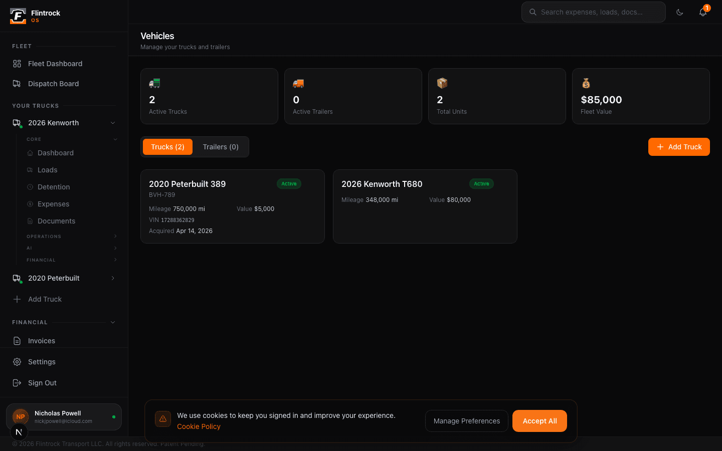 Per-truck P&L view — real Flintrock OS screenshot